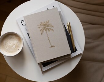 Notizbuch Palme A5, Leinencover Beige/Gold, 160 Seiten, Inspirierendes Mantra, inkl. hochwertiger Geschenkverpackung