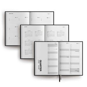 May include: Three open planners with black covers and white pages. The top planner shows important dates for January through August. The middle planner displays a 2024 calendar. The bottom planner shows a daily schedule for quarter one of 2024.