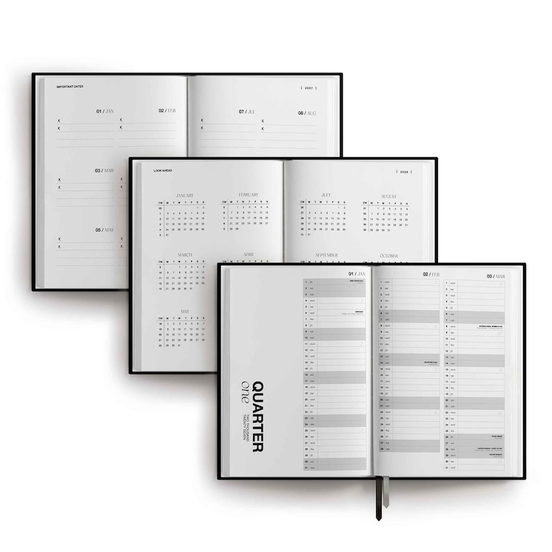 May include: Three open planners with black covers and white pages. The top planner shows important dates for January through August. The middle planner displays a 2024 calendar. The bottom planner shows a daily schedule for quarter one of 2024.
