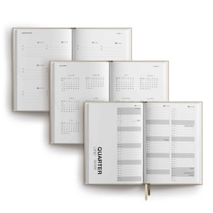 May include: Three open planners with light beige covers and white pages. The top planner shows important dates, the middle planner displays a yearly calendar, and the bottom planner features a detailed daily schedule labeled Quarter One.