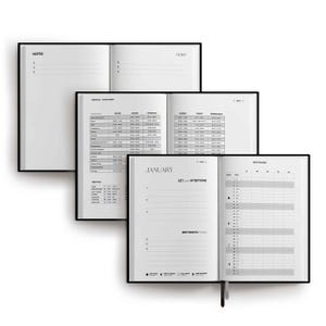 May include: Three open planners with black covers and white pages. The top planner shows blank notes pages. The middle planner displays a schedule table. The bottom planner features a January 2023 calendar, intention setting, and a habit tracker.