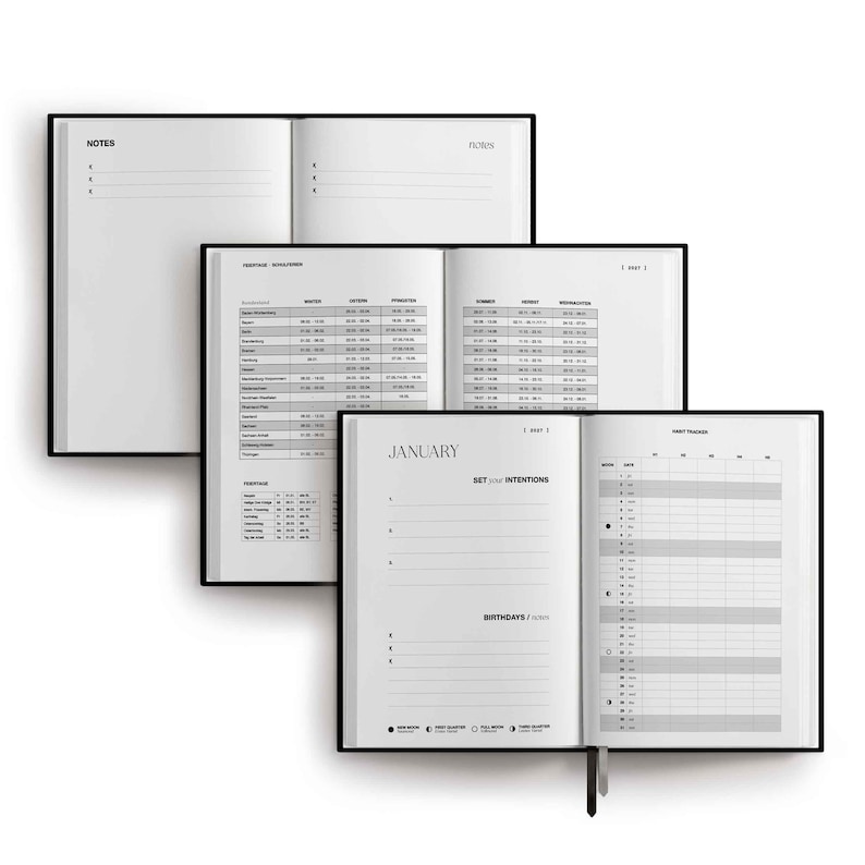 May include: Three open planners with black covers and white pages. The top planner shows blank notes pages. The middle planner displays a schedule table. The bottom planner features a January 2023 calendar, intention setting, and a habit tracker.