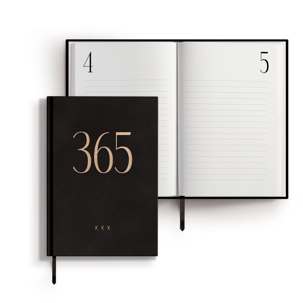 A5 Notizbuch / Tagebuch 365 Tage, linierte & nummerierte Seiten, veganes Kunstleder mit Goldprägung, schwarz