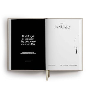May include: An open planner with a black left page featuring the white text Don't forget to imagine the best case scenario. too. and a white right page labeled JANUARY 2027 with the number 1, CHAPTER ONE, and TWO THOUSAND TWENTY SEVEN.