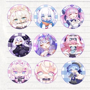 May include: Nine round stickers featuring anime-style character illustrations. Each sticker has a different character design, with varying hair colors, outfits, and expressions. Some stickers have text, including "BOEH!!" and "MOCOCO". The stickers are set against a lined paper background.