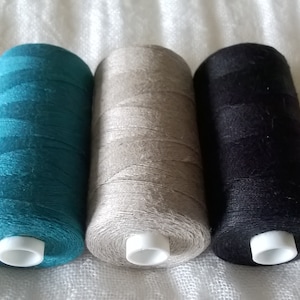 Op de afbeelding: Drie spoelen garen, één turquoise, één beige en één zwart.