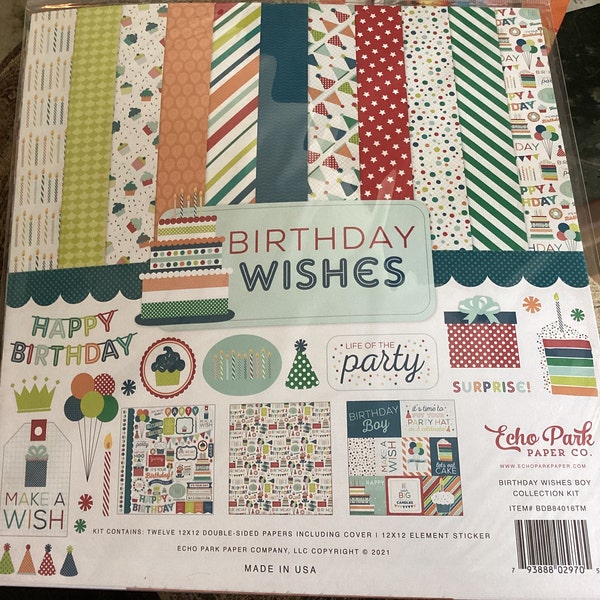 Echo Park Birthday Wishes Kit 12x12 double sided paper and element stickers