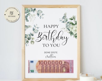 Money gift birthday your first million happy birthday A4 PDF download money gift poster Last minute gift specially printed