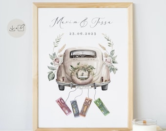 Hochzeit Geldgeschenk personalisiert Paargeschenk bearbeiten A5,A4,A3& US letter Download bearbeitbar Canva Vorlage Geldgeschenk Last Minute