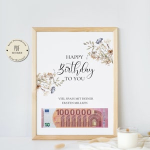 Presente de dinheiro aniversário seu primeiro milhão de feliz aniversário A4 PDF download cartaz de presente de dinheiro Presente de última hora especialmente impresso