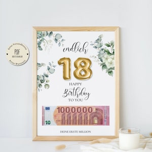 Geschenk Deine erste Million endlich 18 Geldgeschenk Geburtstag A4 PDF direkter Download Geldgeschenk Poster Last Minute Geschenk Eukalyptus