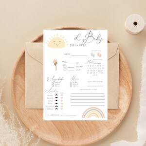 Babyparty Tippkarten pdf Ratespiel geschlechtsneutral zum ausdrucken A5 + A4 minimalistisch modern Sonne Regenbogen Ratespiel Geschlecht