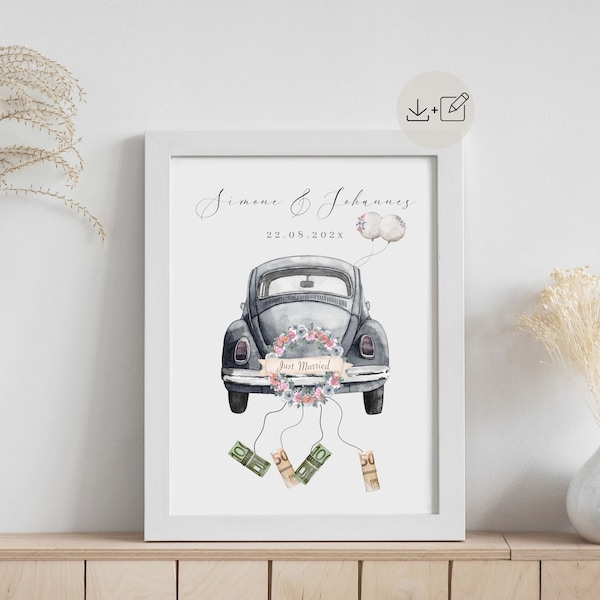 Hochzeitsgeschenk Geld personalisiert Paargeschenk bearbeiten A4 + A3  Download bearbeitbare Canva Vorlage Geldgeschenk Poster Hochzeit Auto