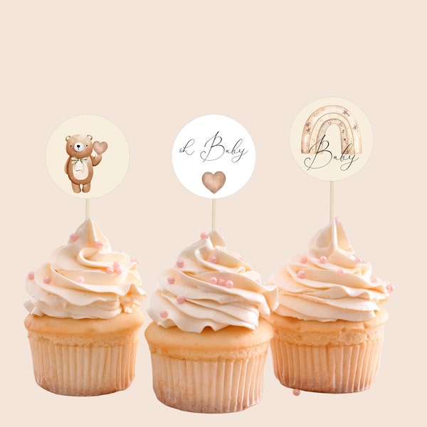 Babyparty Cupcake topper diy PDF A4  zum ausdrucken  gender neutral minimalistisch