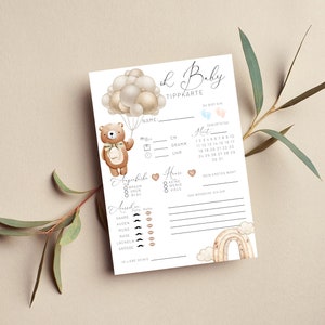 Babyparty Tippkarten pdf Ratespiel geschlechtsneutral wasserfarbe zum ausdrucken A5 + A4