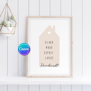 Family poster customizable with name house Christmas gift edit A4 + A3 Download editable Canva template