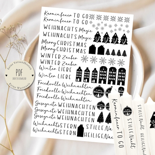 Candle Tattoo Christmas House Sayings Winter PDF Template Candle Sticker DIY Gift Idea Stick Candles Advent Candle Tattoo Christmas Hygge