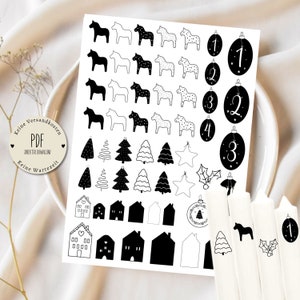 Dala Horse Candle Tattoo PDF Christmas Hygge Symbols Template Candle Sticker DIY Gift Idea Stick Candles Christmas Tree Advent Wreath Numbers Advent