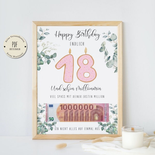 Gift your first million finally 18 money gift birthday A4 PDF direct download money gift poster last minute gift eucalyptus