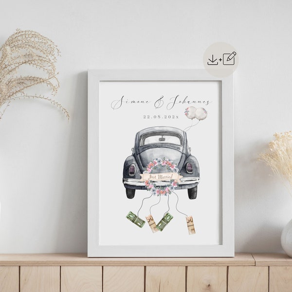 Last Minute Wedding Gift Money Personalized Couple Gift Edit A4 + A3 Download Editable Canva Template Poster Wedding Car