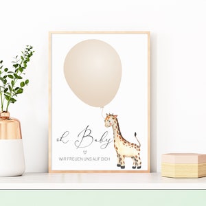 Babyparty Poster PDF A4 A3 Erinnerung Gästebuch Giraffe Ballon zum ausdrucken wir freuen uns auf dich minimalistisch