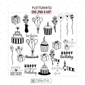 Plotterdatei Geburtstag Geschenk Blumen Hand Ballons Sprüche 24 SVG, DXF & PNG Dateien Happy Birthday zum Geburtstag viel Glück