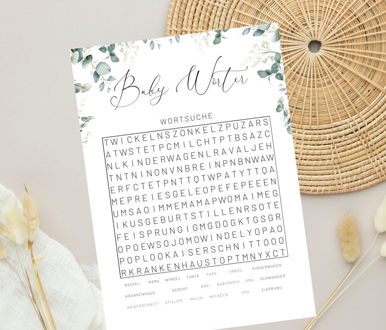 Baby Shower Words Guessing Game Baby Shower Printable Games A4 Gender Neutral Babyshower Activities Baby Shower Memories Eucalyptus image 1