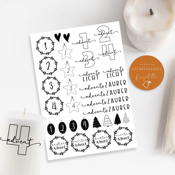 Candle tattoo Advent Advent calendar PDF template Candle tattoos Candle stickers DIY gift pillars / stick candles Fir hygge Christmas wreath