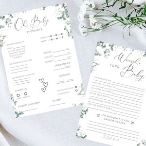 Tarjetas de consejos para baby shower deseos para el bebé pdf juego de adivinanzas género neutral acuarela para imprimir A5