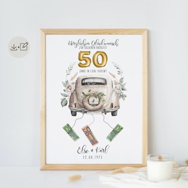 Money Gift Golden Wedding Personalized Couple Gift Edit A4 + A3 Download Editable Canva Template 50 Years Married