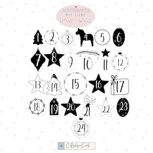 Könnte beinhalten: Schwarz-weiße Weihnachts-Adventskalender-Nummern von 1 bis 24. Die Zahlen werden in verschiedenen Formen dargestellt, darunter Sterne, Bäume, Ornamente und Häuser. Die Zahlen sind von einfachen, handgezeichneten Designs umgeben.