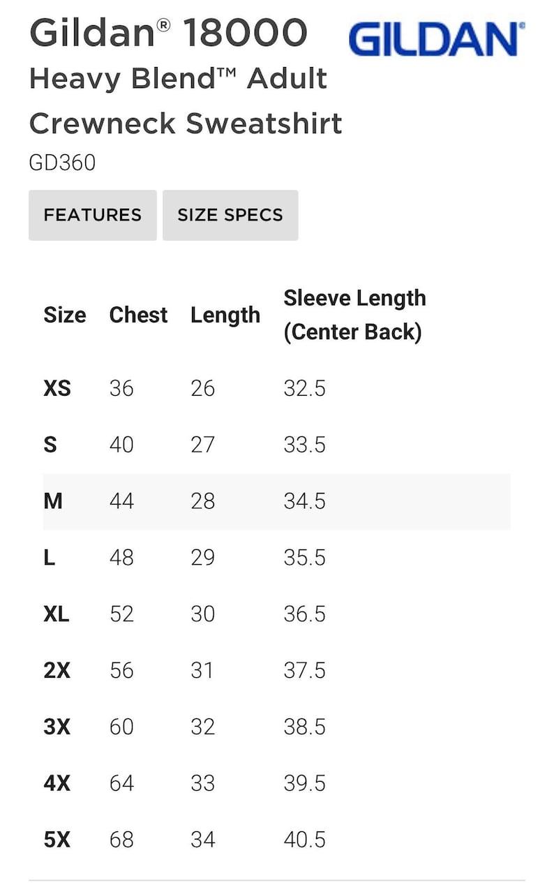 Puede incluir: Imagen de una tabla de tallas para una sudadera con cuello redondo Gildan Heavy Blend para adultos. La tabla muestra las medidas de pecho, largo y manga en cm para las tallas XS a 5X. El logotipo de Gildan es visible.
