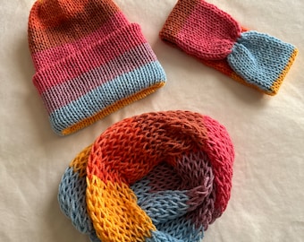 Gorro, bufanda infinita y diadema de punto hechos a mano para adolescentes y adultos.