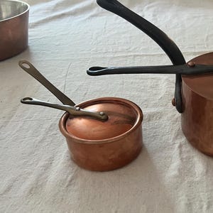 Antique 1920's Early 20th Century Copper Pots with Lid Cast Iron Handle Vintage Original French Stamped Antiques Rustic Kitchenware