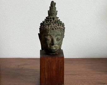 Rare Antique 15th-16th Century Northern school Bronze Buddha Head Statue Sculpture Siam Thailand