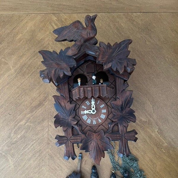 One Day Musical Cuckoo Clock Dancers Hand-Carved Wood Maple Leaves Bird Pine Cones Black Forest Germany Schwarzwald Wooden