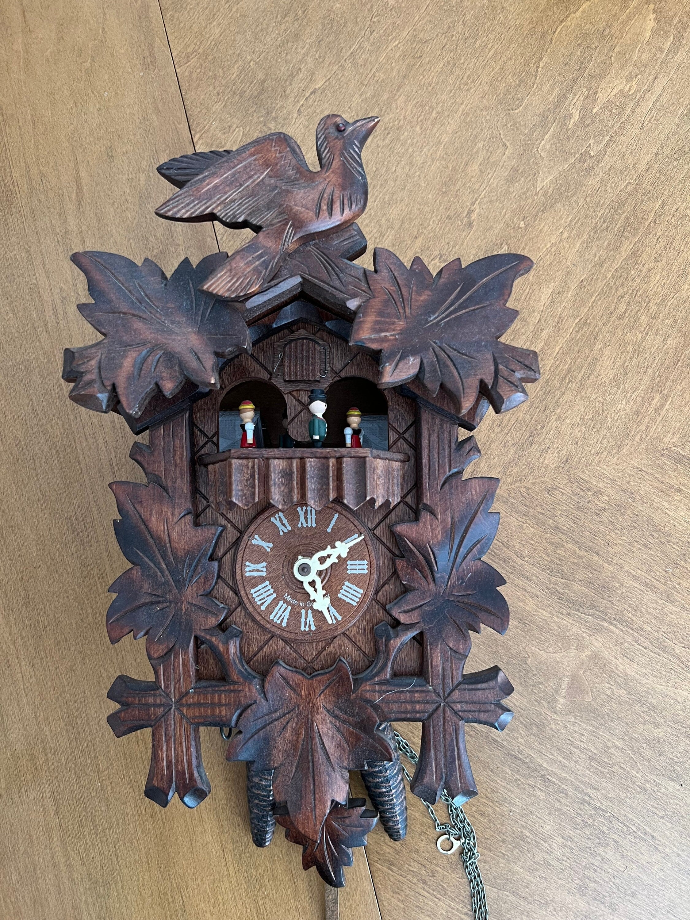 One Day Musical Cuckoo Clock Dancers Handcarved Wood Maple Leaves Bird