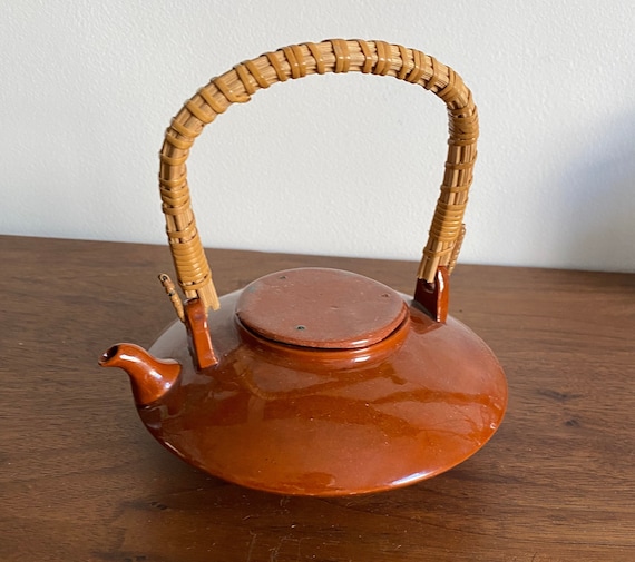 Vintage Japanese Antique 1960's Satsuma Ceramic Kyusu Hohin Pottery Tea Pot Red Bent Wood Handle Hagi Ware Sencha Red Rare