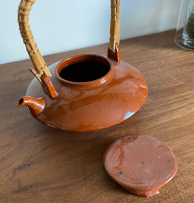 Vintage Japanese Antique 1960's Satsuma Ceramic Kyusu Hohin Pottery Tea Pot Red Bent Wood Handle Hagi Ware Sencha Red Rare image 3