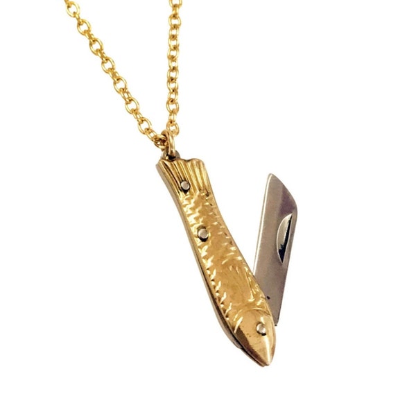 Miniature Fish Folding Knife Necklace Pendant Gold Men's Women's Unisex Jewelry 1 inch