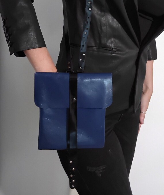 Small Rock and Graphic Clutch Bag in Genuine Blue Studded Leather