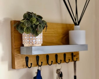 Rustic Wood Key Hooks with Shelf, Handmade from Solid Wood