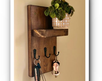 Key Hooks with Shelf Handmade from Solid Wood and Metal Hooks
