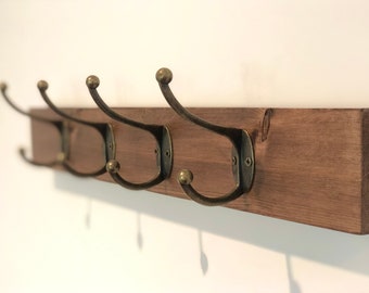 Handmade Rustic Wood Coat Rack with Brass Style Hooks