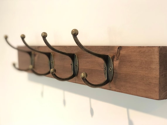 Handmade Rustic Wood Coat Rack with Brass Style Hooks