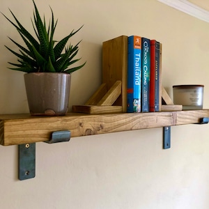 Rustic Handmade Wooden Shelving, Scaffold Board Shelf with Metal Brackets, Hand Finished Timber Shelves image 1