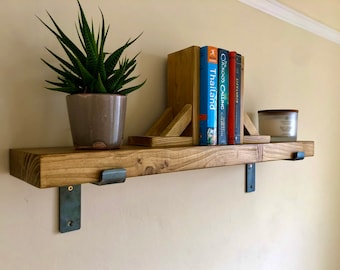 Rustic Handmade Wooden Shelving, Scaffold Board Shelf with Metal Brackets, Hand Finished Timber Shelves