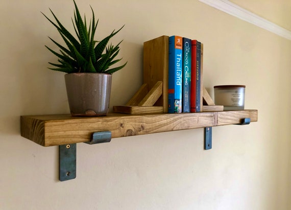Rustic Handmade Wooden Shelving, Scaffold Board Shelf with Metal Brackets, Hand Finished Timber Shelves