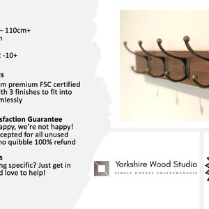 May include: A wooden coat rack with three black metal hooks. The rack is made of pine wood and has a dark brown finish. The rack is 30 to 110 inches long, 4 inches thick, and 8 inches high. It has a money back guarantee.