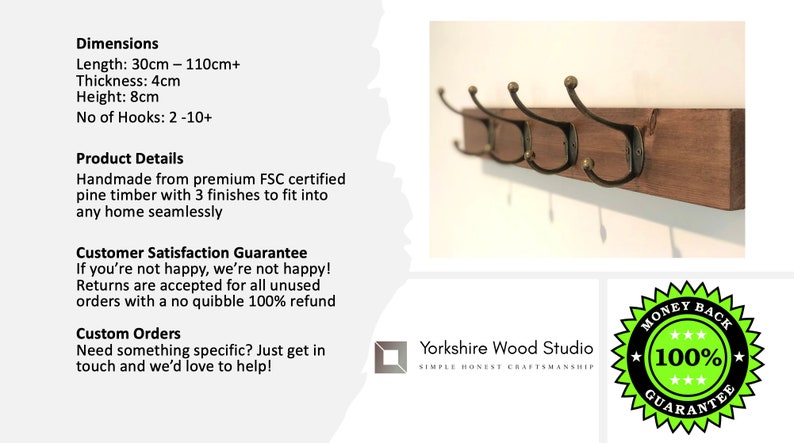 May include: A wooden coat rack with three black metal hooks. The rack is made of pine wood and has a dark brown finish. The rack is 30 to 110 inches long, 4 inches thick, and 8 inches high. It has a money back guarantee.